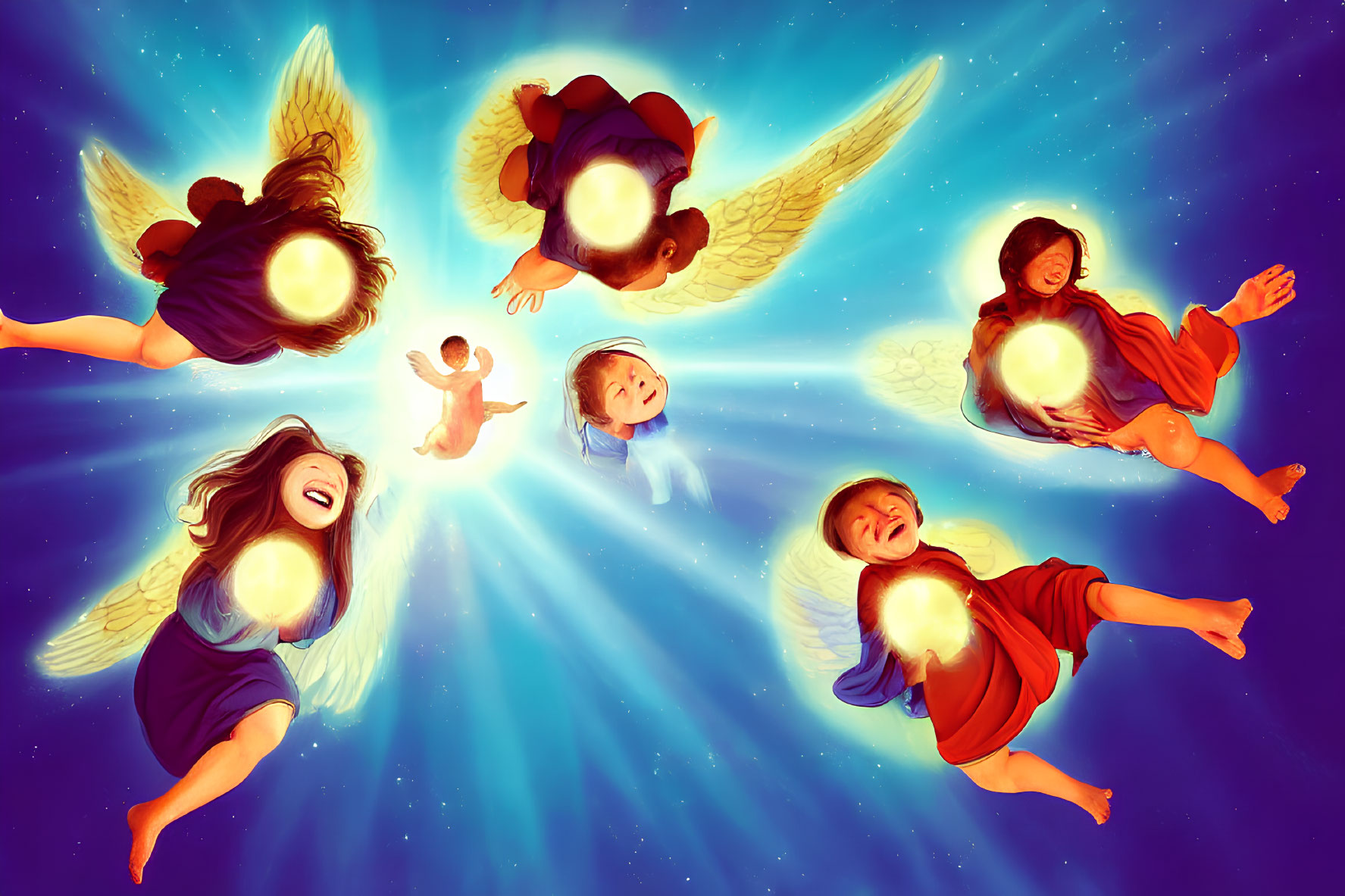 Joyful angels with glowing halos in heavenly setting: a radiant portrayal.
