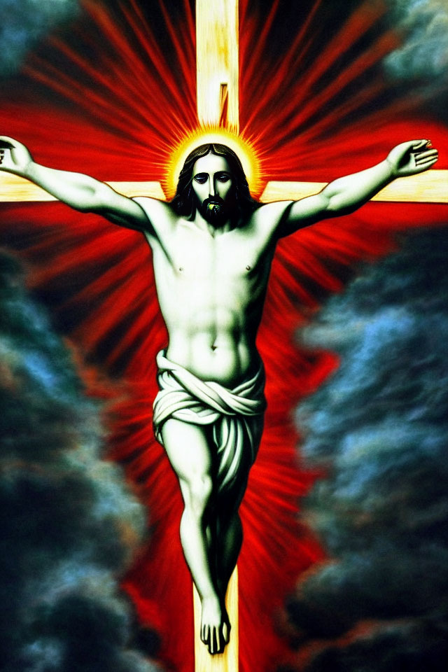 Religious artwork: Jesus Christ on cross with halo, red burst, and cloudy background
