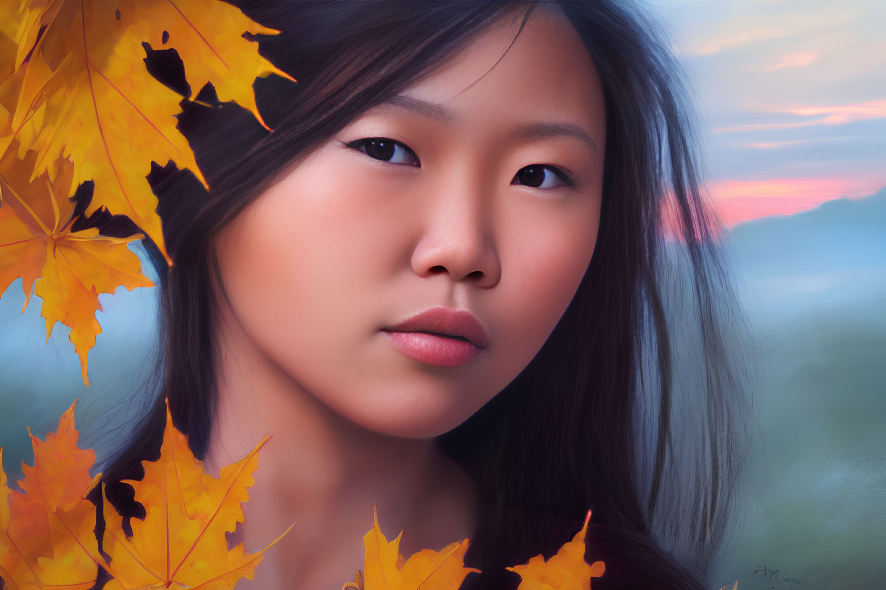 Young woman portrait with serene expression, autumn leaves, and soft-focus sunset background.