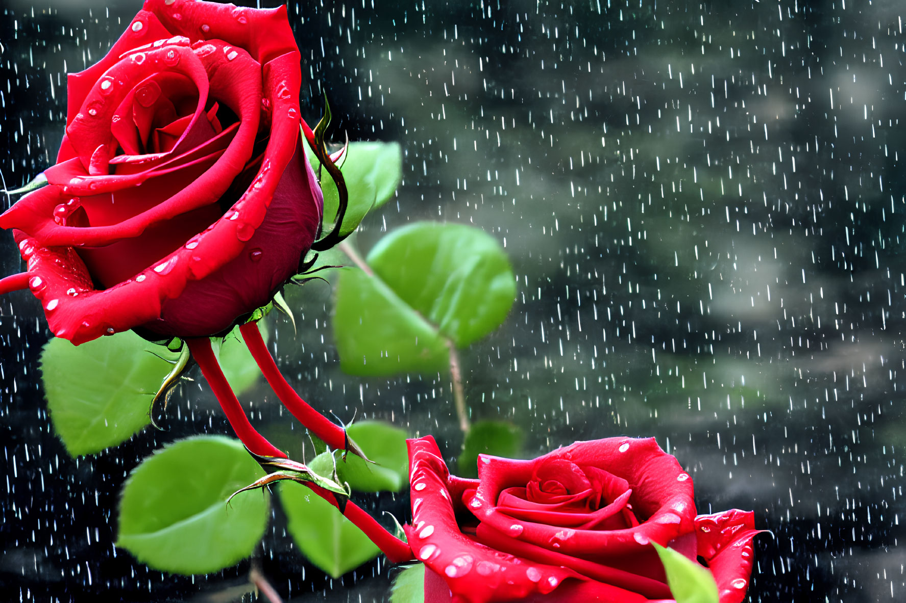 Red Rose with Water Droplets in Falling Rain