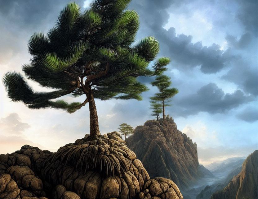 Majestic pine tree on rocky peak with misty mountain backdrop