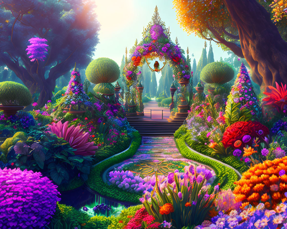 Vibrant flower garden with topiaries and archway to mystical forest