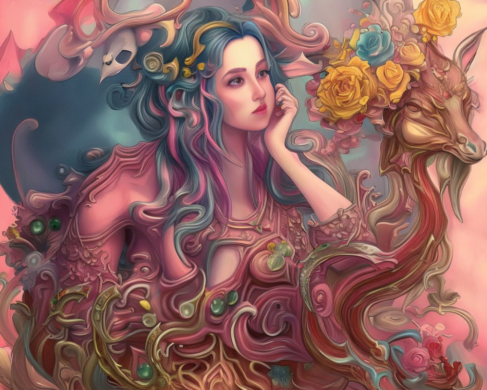 Illustration of woman with floral and faun elements and vivid colors