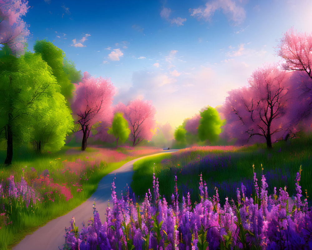 Colorful digital landscape with winding path and vibrant flora under bright sky