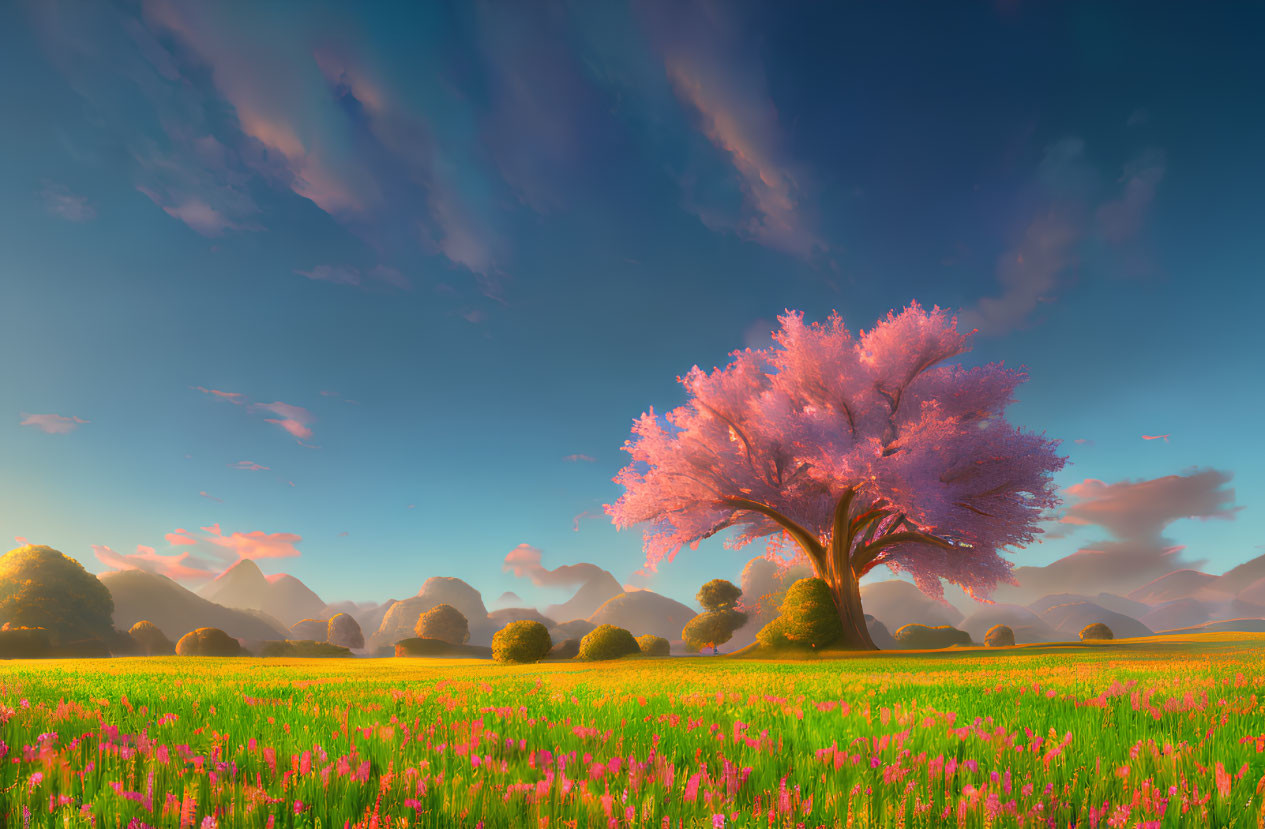 Colorful landscape with pink blooming tree and flowers, rolling hills, and vibrant sky