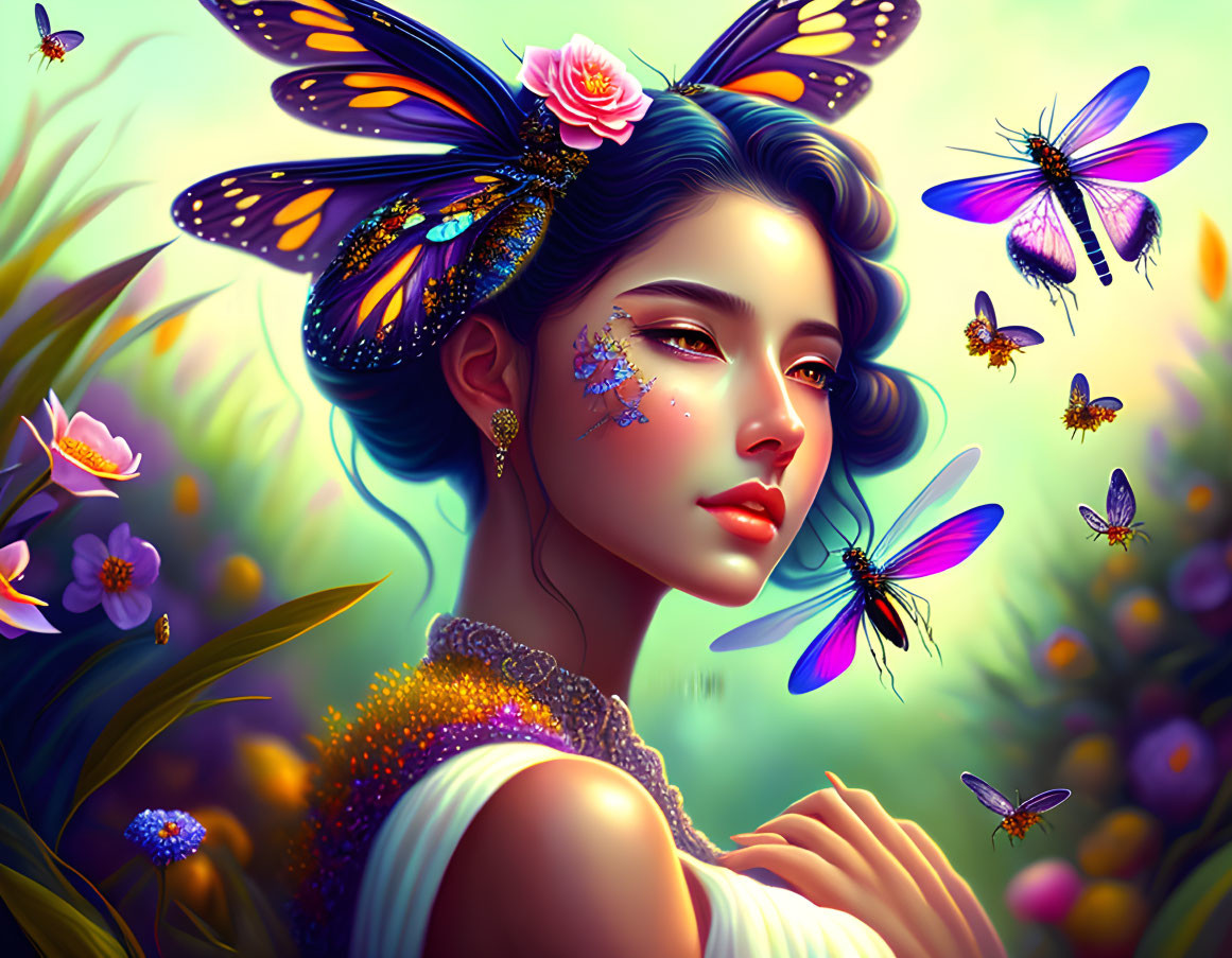Digital artwork of woman with butterfly wings in hair, surrounded by vibrant butterflies and flowers