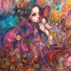 Illustration of woman with floral and faun elements and vivid colors