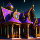 Vibrant magical castle with deep purple roof and golden trimmings