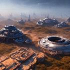 Futuristic cityscape with circular buildings and flying vehicles in hazy backdrop