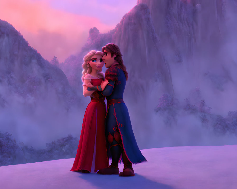 Animated characters embrace on snowy mountain at sunset.