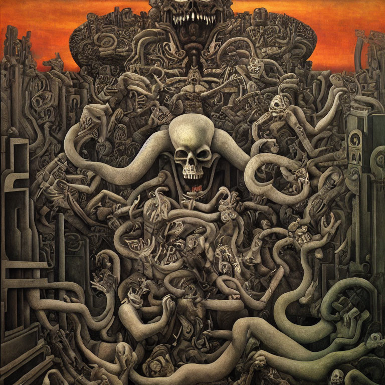 Surreal painting: large skull, serpentine forms, fiery background