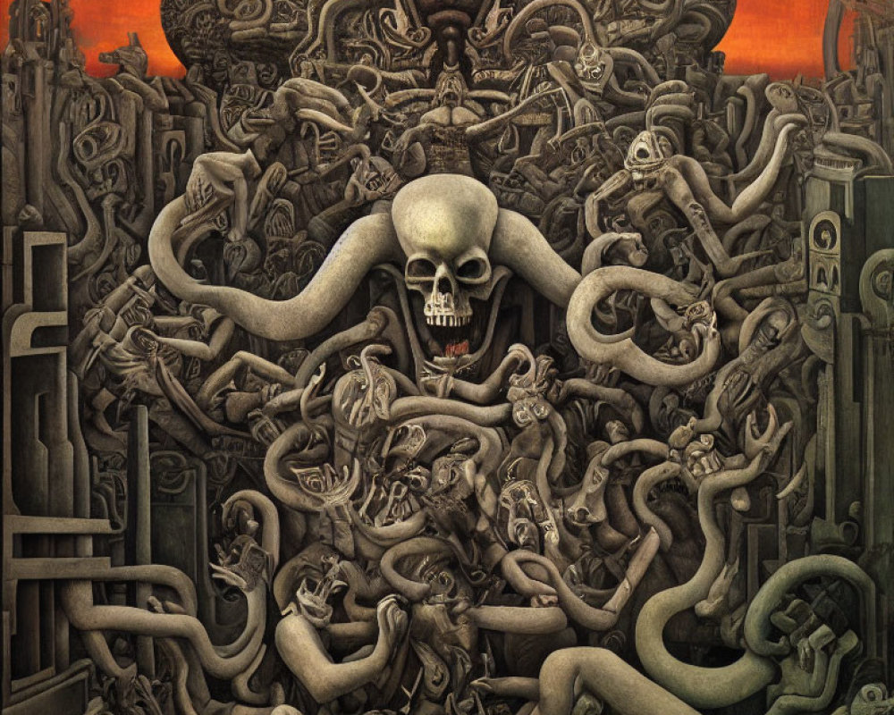 Surreal painting: large skull, serpentine forms, fiery background