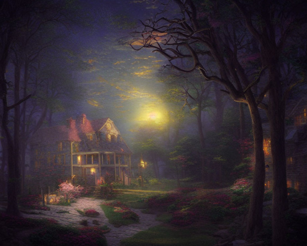 Tranquil nightscape: cottage in lush garden under moonlight