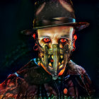Sinister vampire clown with sharp teeth, blood, hat, green lighting, and smoke