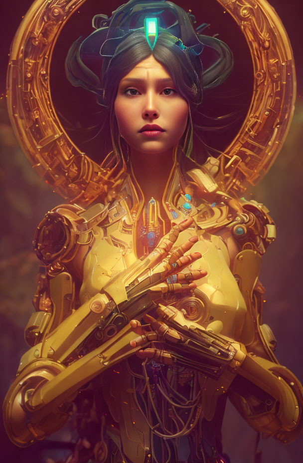 Futuristic female character in gold armor with high-tech weapon