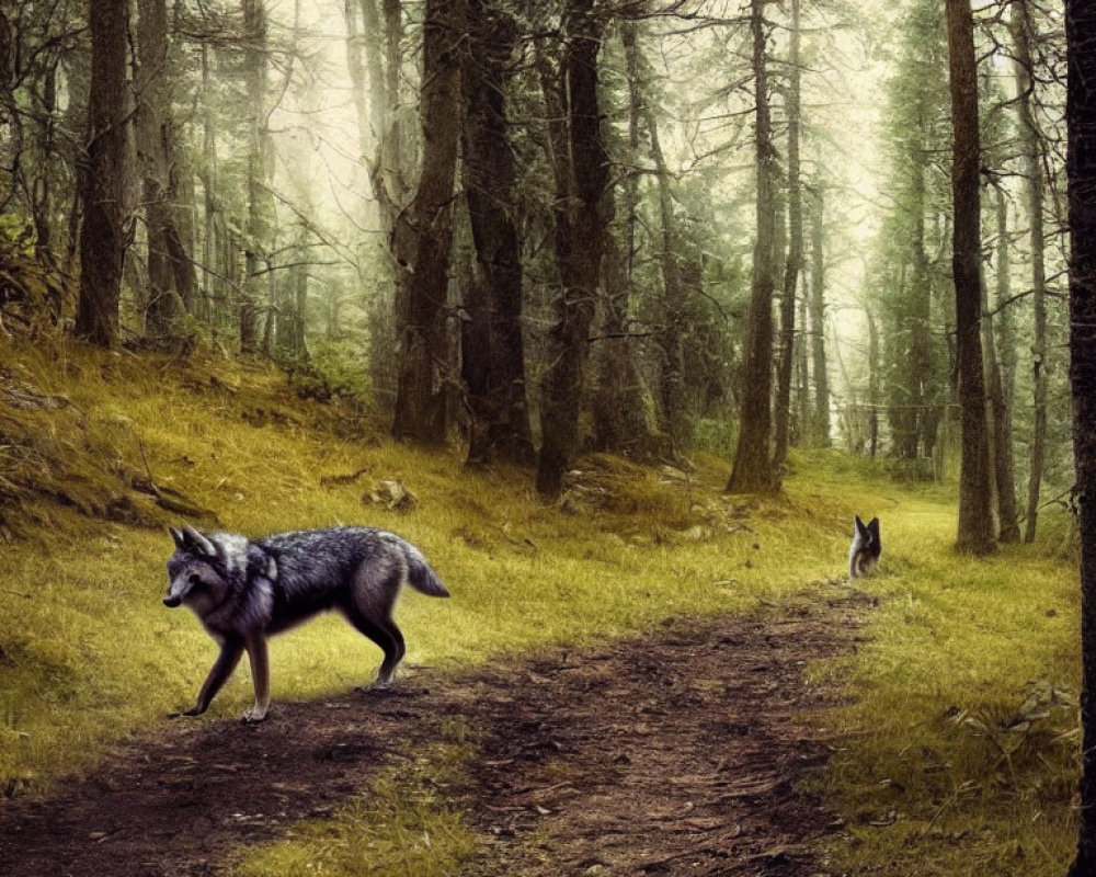 Misty forest scene with two wolves on a path
