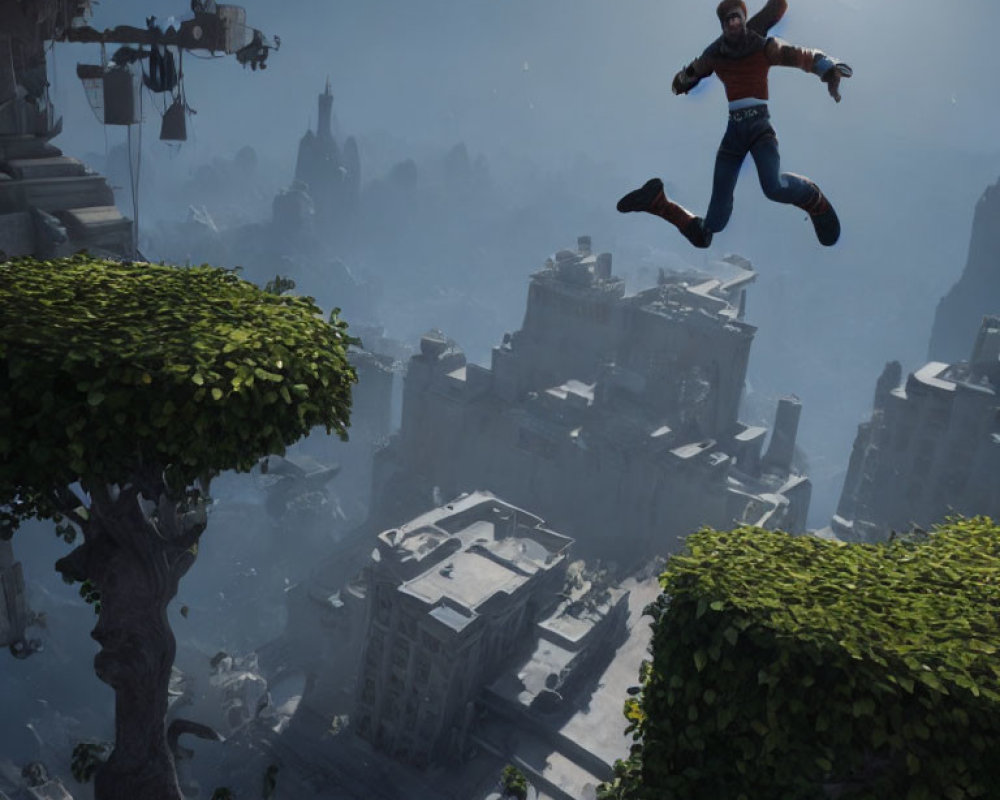 Man mid-jump between buildings in surreal cityscape.