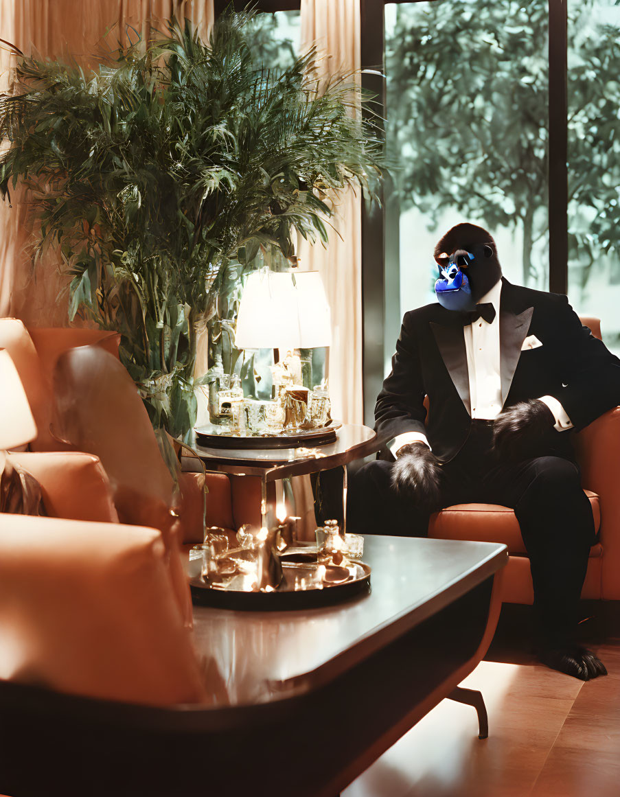 Person in Suit with Gorilla Mask in Luxurious Room with Plants, Lamp, and Coffee Table
