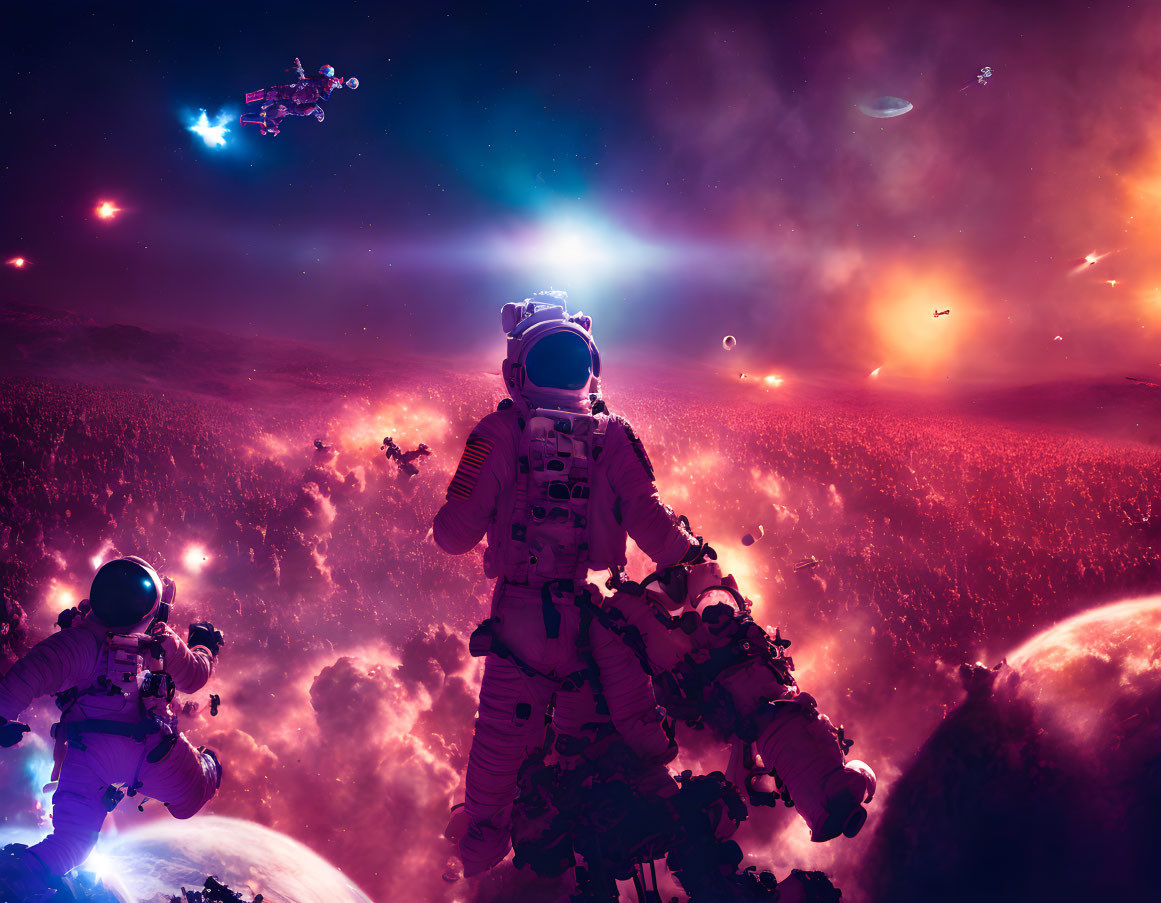 Astronauts in space with colorful nebulae and stars