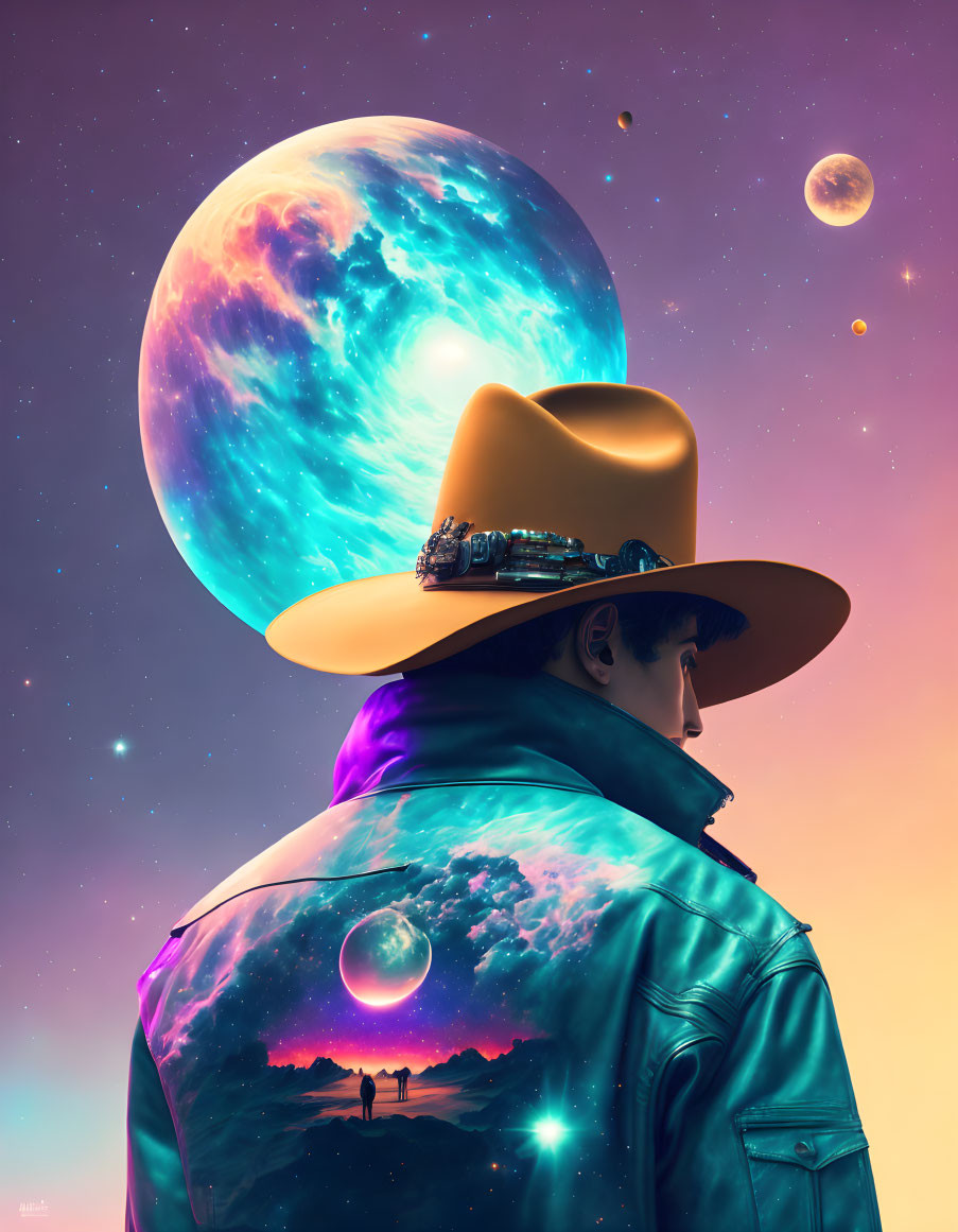 Surreal cowboy-themed illustration with cosmic landscape and galaxy-filled sky