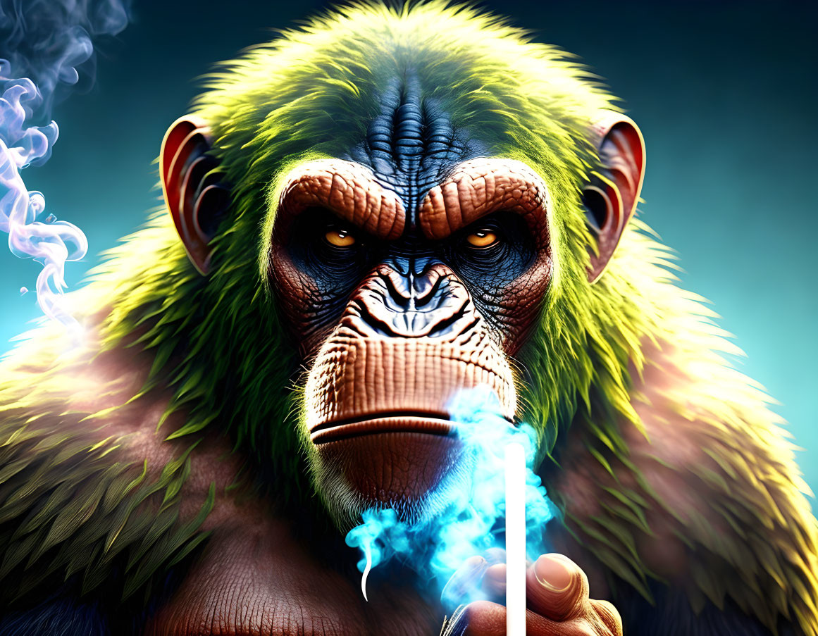 Realistic monkey with green fur holding blue glowing stick on dark background