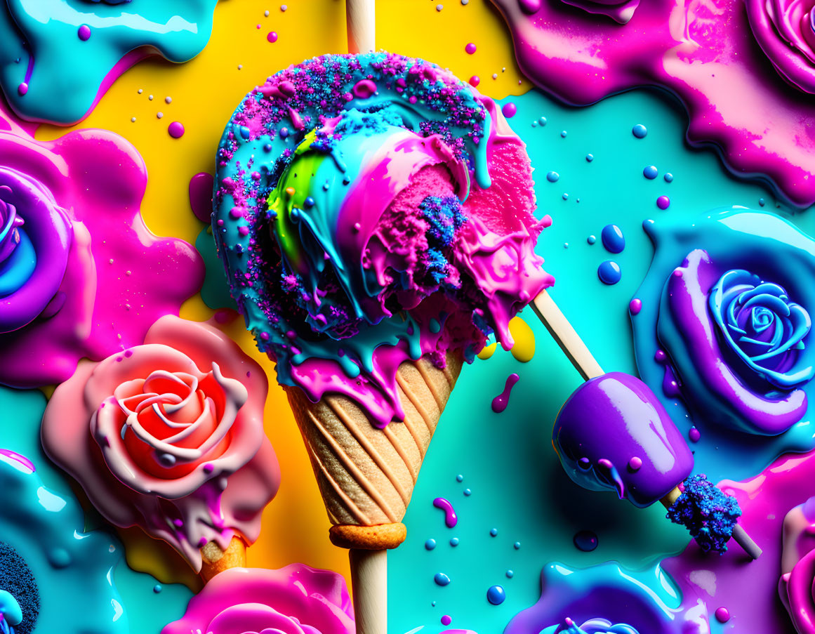 Colorful Melting Ice Cream Cone with Sprinkles and Candy Roses