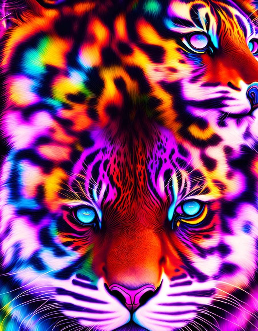 Colorful Tiger Artwork with Neon Blues, Purples, and Pinks