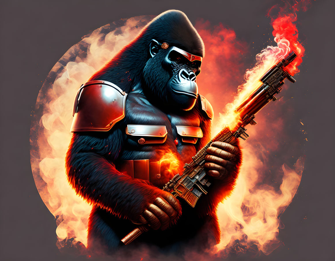 Armored gorilla with flaming gun, fiery explosion, full moon.