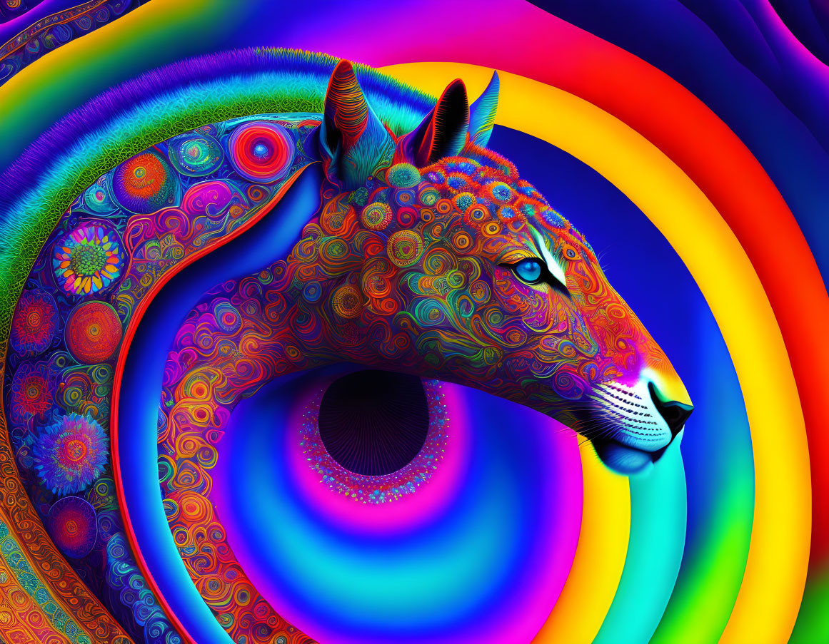Colorful Psychedelic Feline Artwork with Rainbow Background