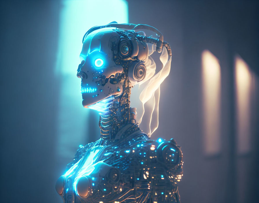 Futuristic robot with humanoid skull and glowing blue lights and circuits
