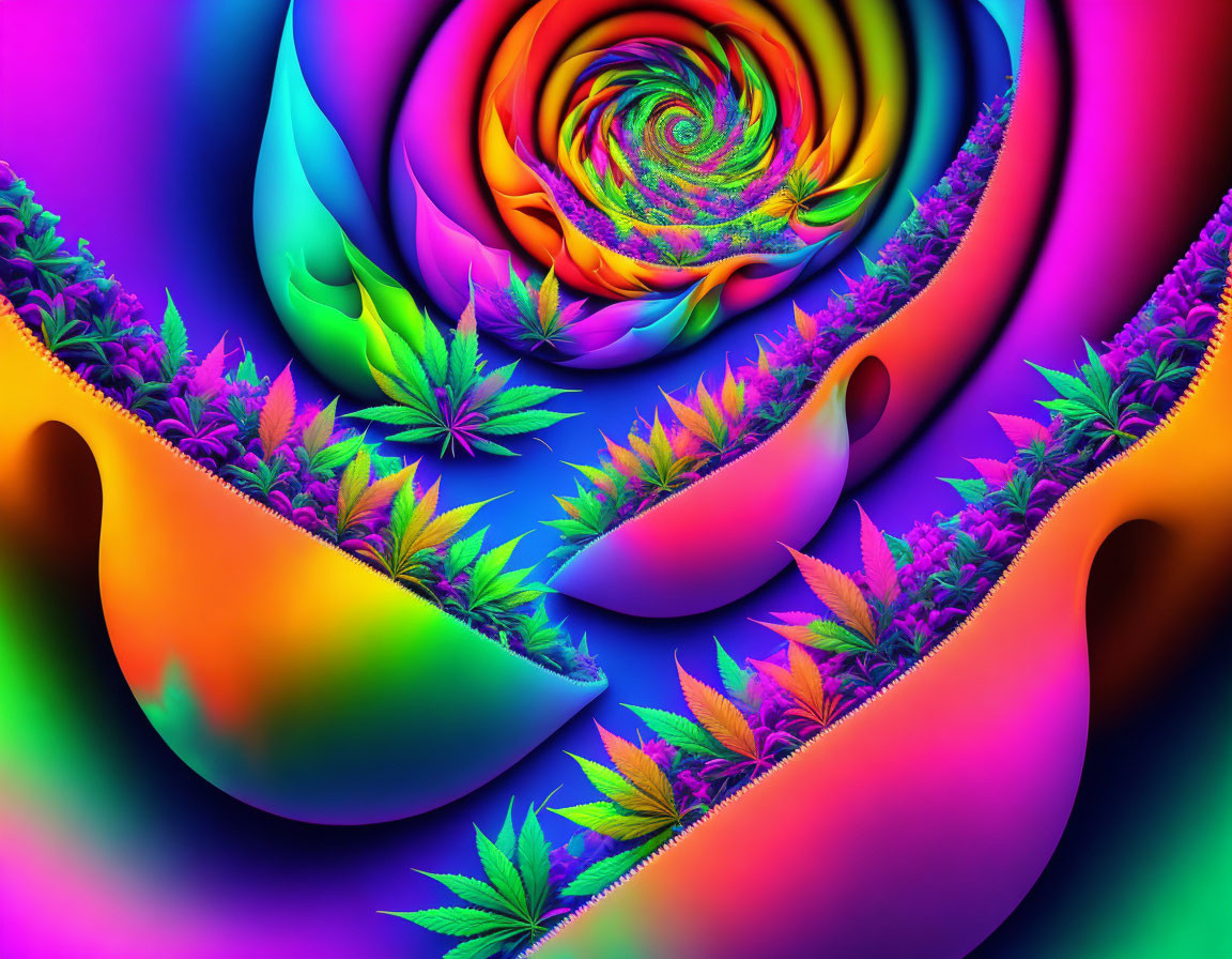 Colorful Psychedelic Digital Art: Swirling Patterns with Cannabis Leaf Motifs