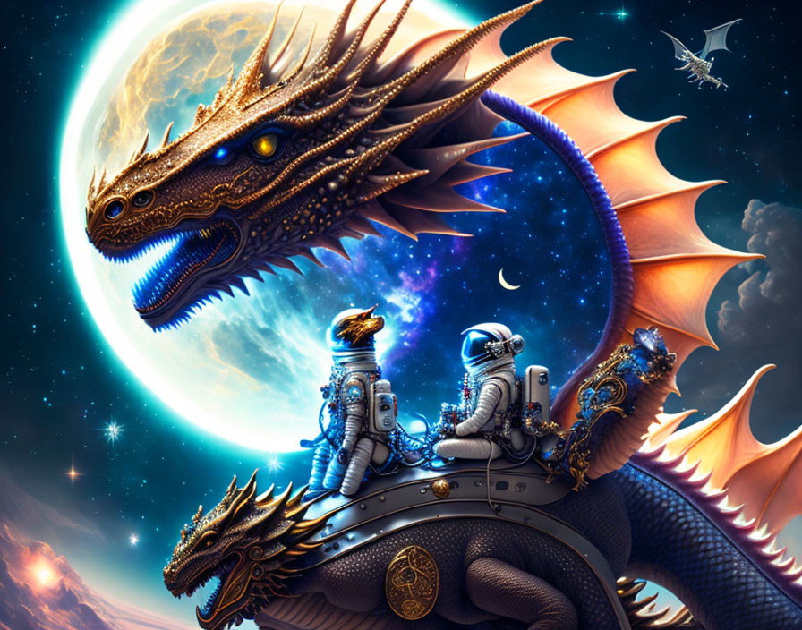 Astronauts riding space dragon in cosmic scene
