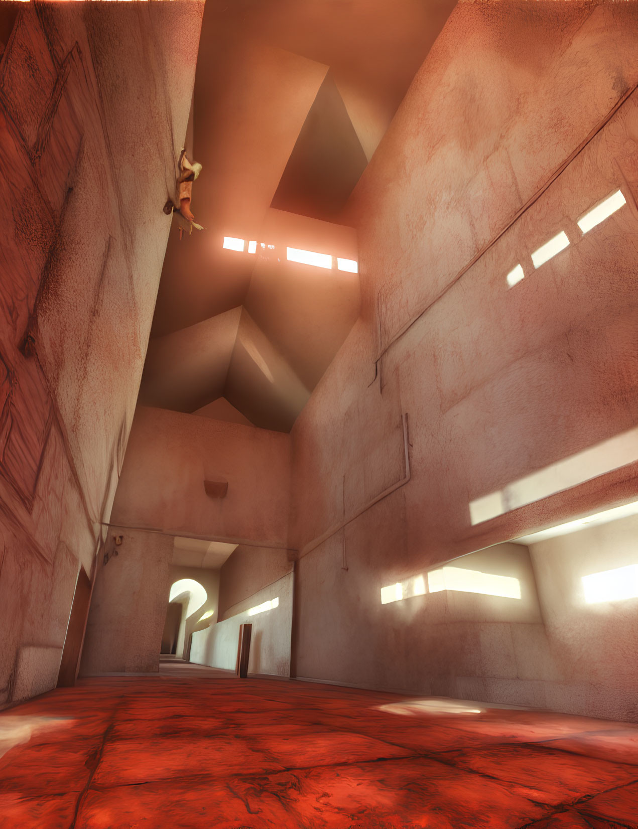 Surreal angular structure with red floor and climbing figure