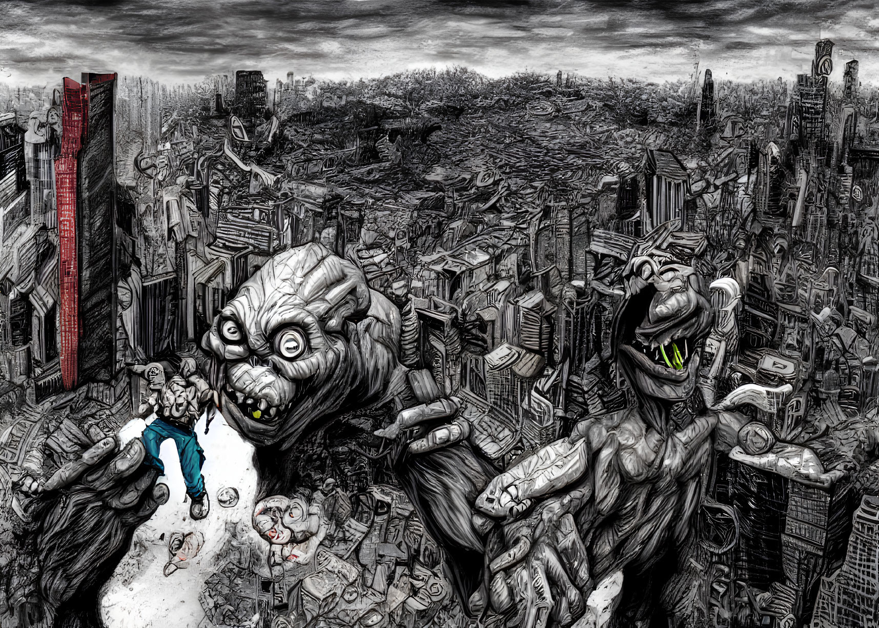 Monochrome dystopian cityscape with giant grotesque creatures and small figure