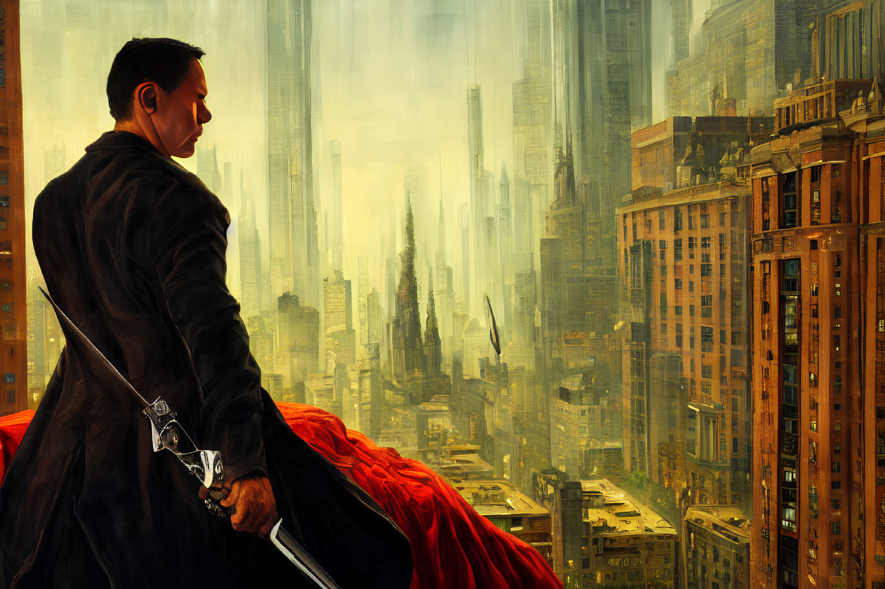 Man in Black Coat with Sword Overlooking Futuristic Cityscape