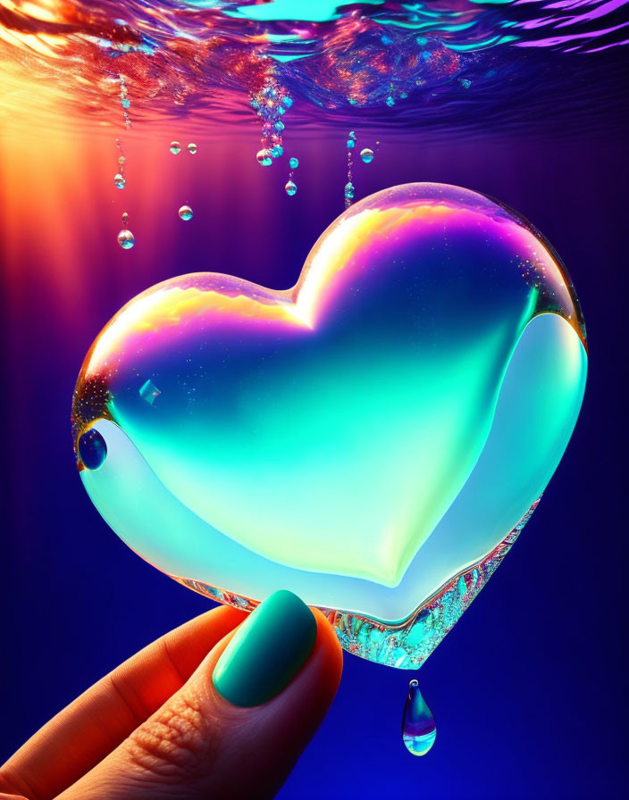 Glowing iridescent heart-shaped object held underwater with bubbles, purple and blue light