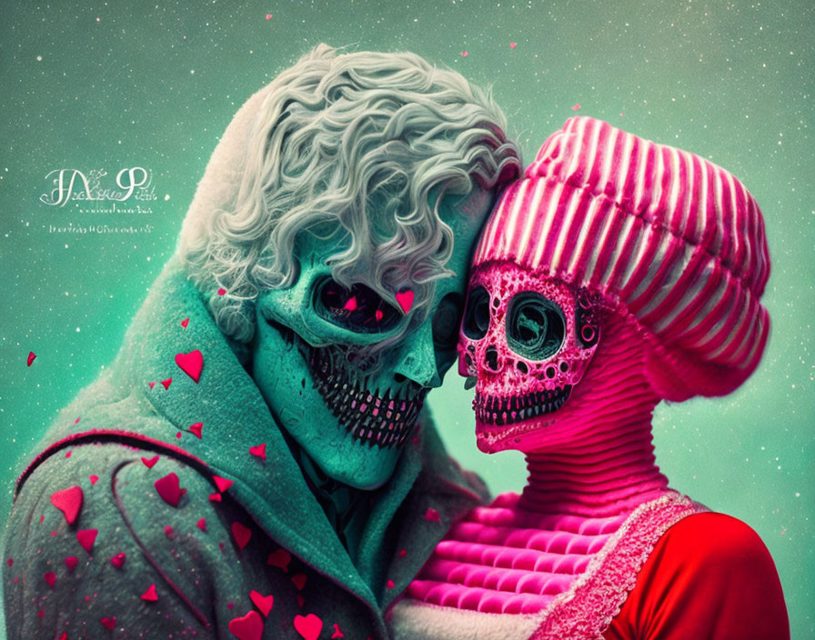 Stylized skeletons in romantic embrace on sparkling heart-filled background