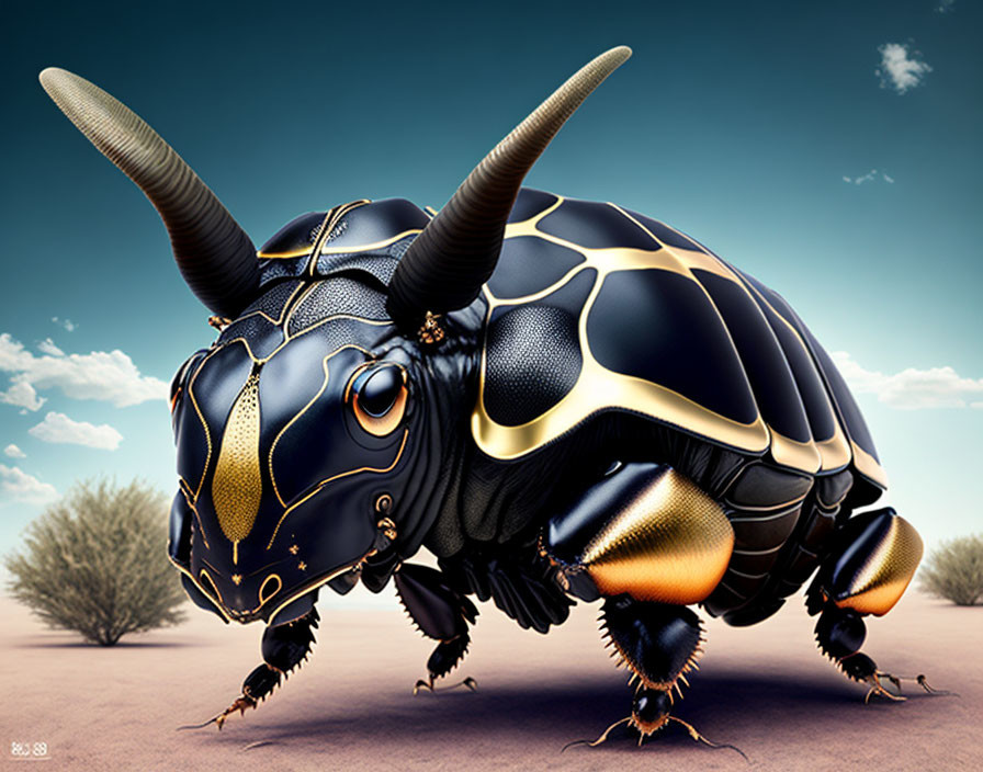 Stylized oversized beetle with black and golden carapace in desert setting