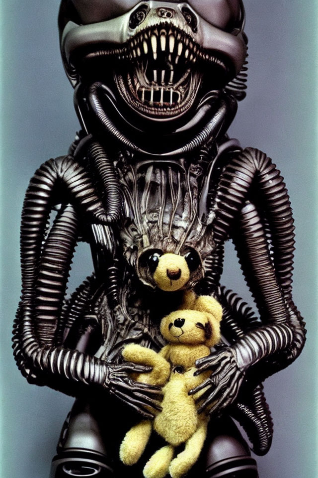 Futuristic humanoid robot holding yellow teddy bear on blue background