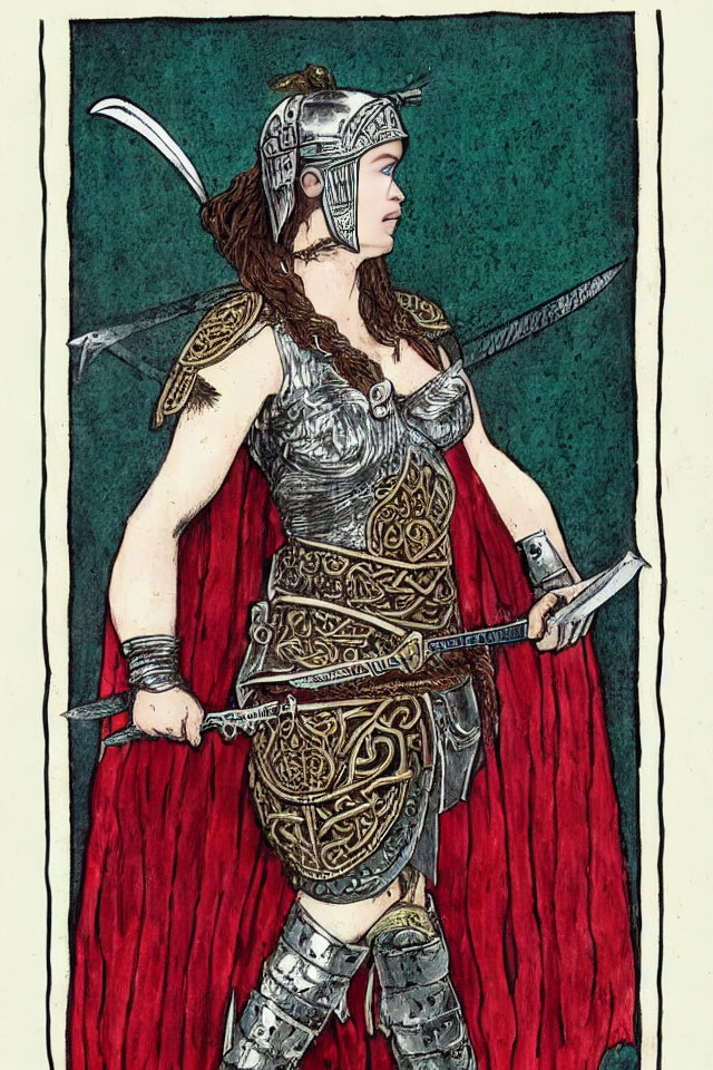 Illustrated female warrior in ornate armor with Celtic designs, holding sword and dagger on red and teal