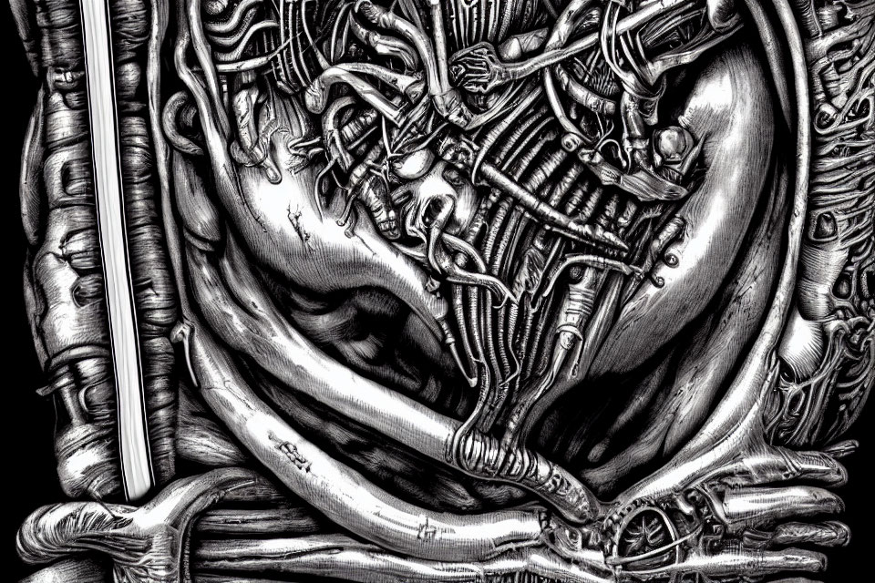 Detailed Monochrome Drawing of Surreal Biomechanical Fusion