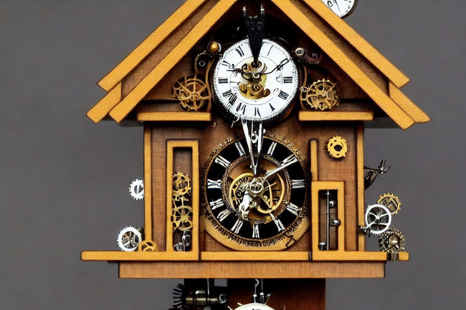 Steampunk-Inspired Cuckoo Clock with Exposed Gears and Metallic Finishes