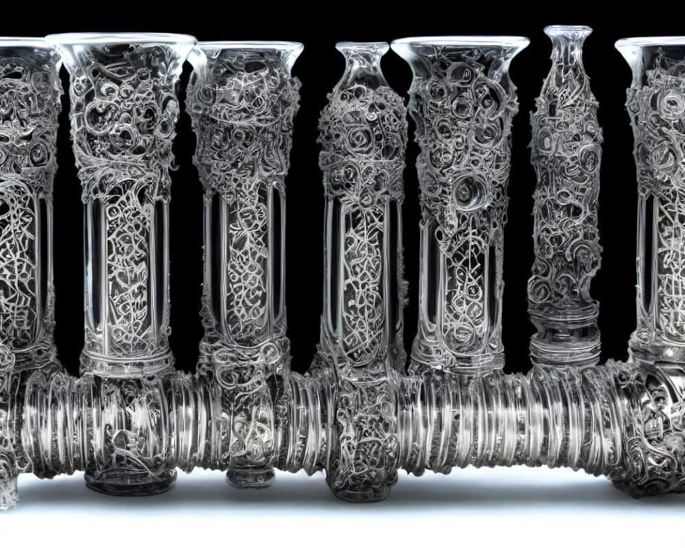 Intricate Silver Vases with Elaborate Filigree on Reflective Black Surface