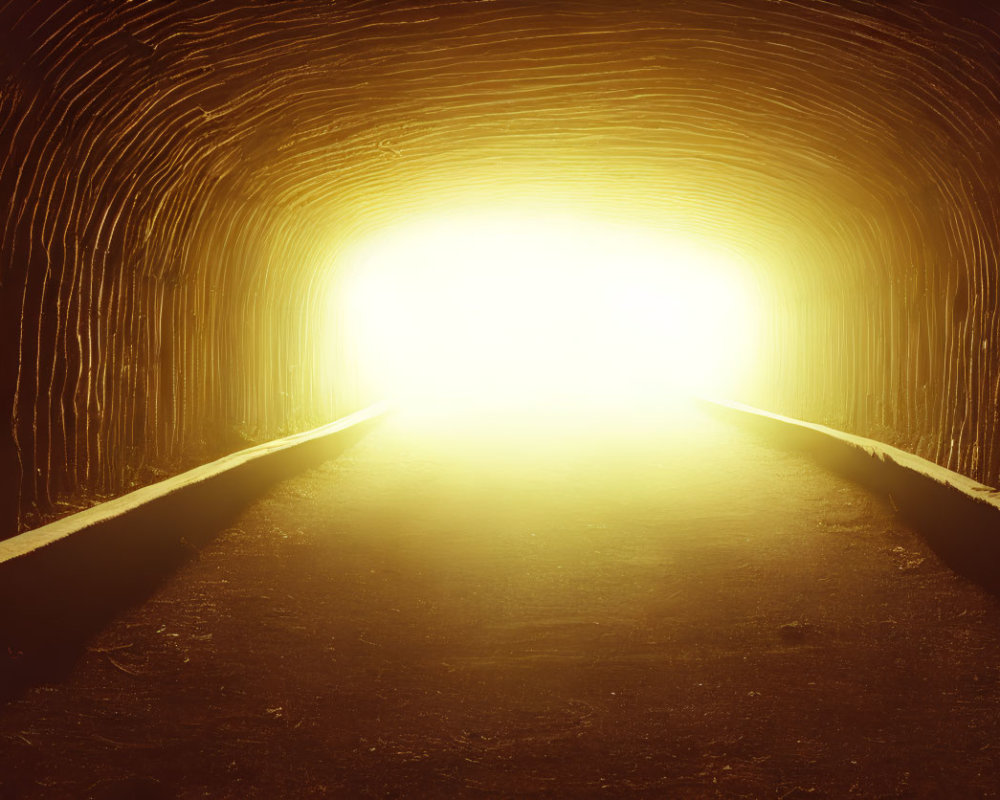 Warmly Lit Tunnel with Textured Walls and Glowing Light Creating Silhouette Effect
