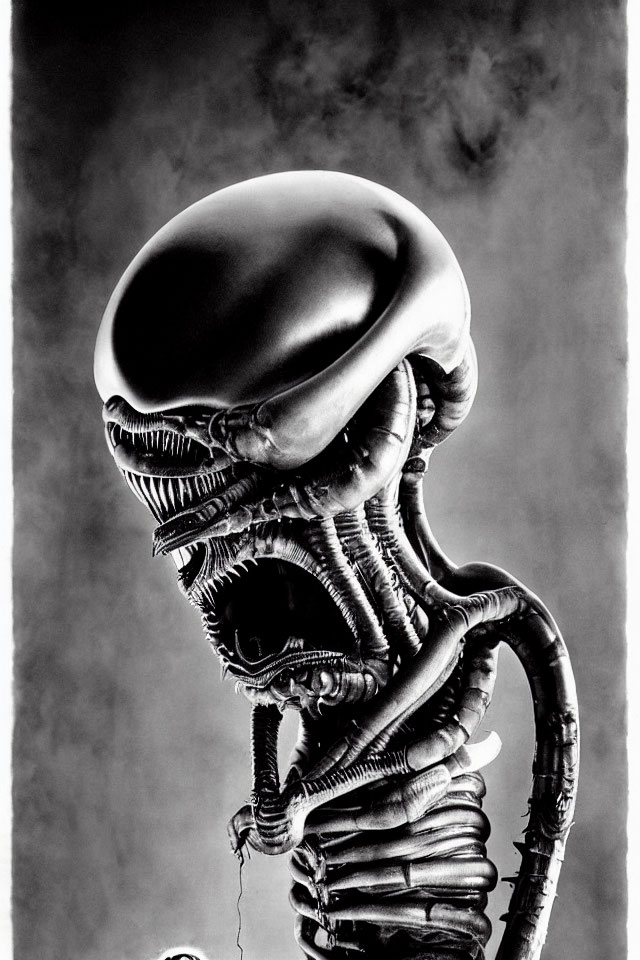 Monochromatic Xenomorph with open mouth in misty background