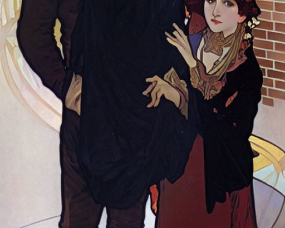 Art Nouveau Style Illustration of Man and Woman in Red Dress