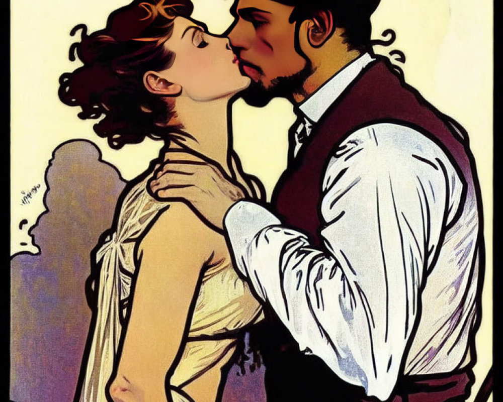 Vintage-inspired illustration of a couple sharing a romantic kiss