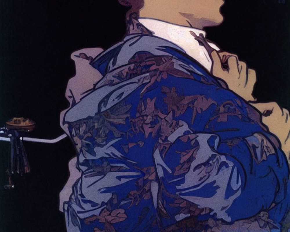 Stylized profile portrait with blue-patterned coat on dark background