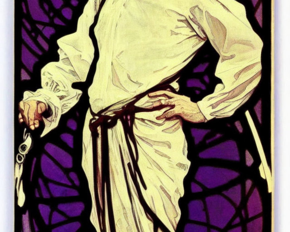 Man with glasses and goatee in white attire against purple stained glass.