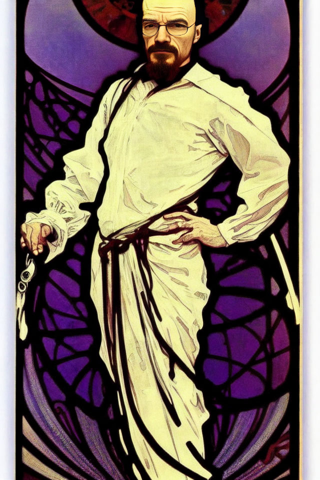 Man with glasses and goatee in white attire against purple stained glass.